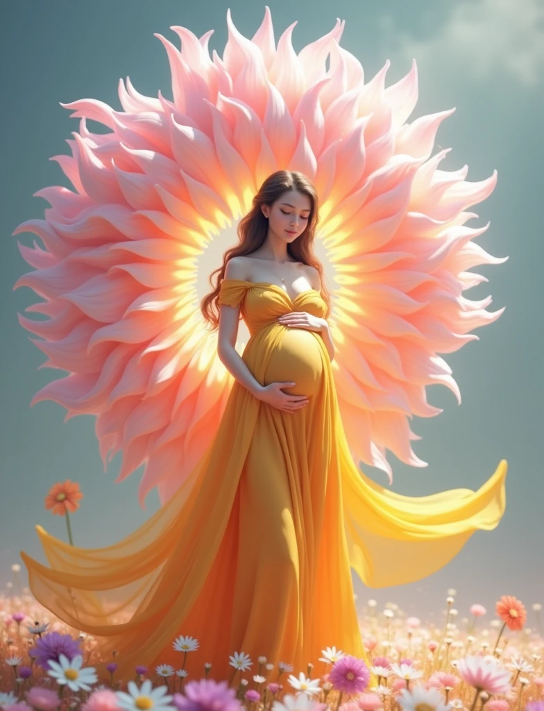 pregnant woman in a red dress standing in a field of flowers, digital art inspired by Igor Kieryluk, cgsociety contest winner, digital art, beautiful digital artwork, maternal photography 4 k, beautiful gorgeous digital art, beautiful digital art, beautiful digital illustration, gorgeous digital art, perky woman made of petals, stunning digital illustration, very beautiful digital art, a beautiful artwork illustration
