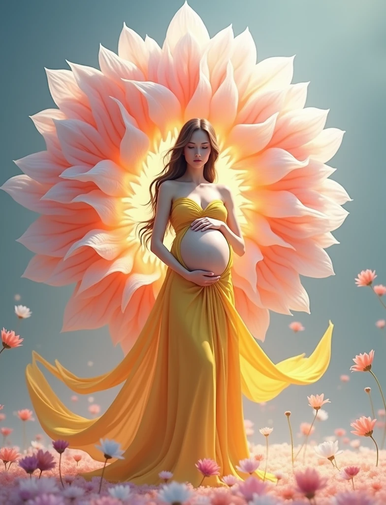 pregnant woman in a red dress standing in a field of flowers, digital art inspired by Igor Kieryluk, cgsociety contest winner, digital art, beautiful digital artwork, maternal photography 4 k, beautiful gorgeous digital art, beautiful digital art, beautiful digital illustration, gorgeous digital art, perky woman made of petals, stunning digital illustration, very beautiful digital art, a beautiful artwork illustration