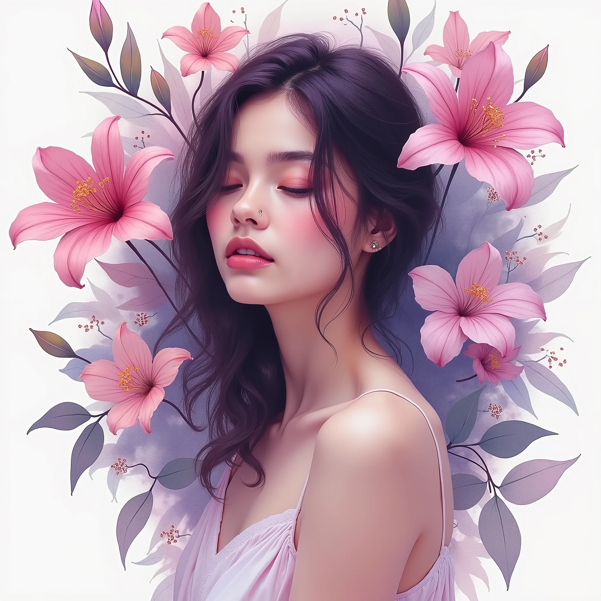 1 woman,flower, lisianthus ,In light pink and light blue styles, Dreamy and romantic composition, Pale pink, Subtle foliage, playful preparation,fancy, high contrast, ink strokes, explosion, overexposure, Violet and red tones , abstract, ((John Burkey(John Berkey)and Jeremy Mann(Jeremy Mann)watercolor )) Brushstrokes, negative space,