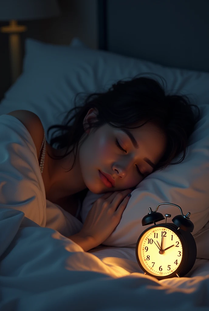 Imagine something soft, Soothing illustration of a beautiful girl sleeping in a comfortable bed, close your eyes, Blue T-shirt. long flowing hair. Dark Room, Except for the soft light emanating from the bedside lamp near the bed, It casts a warm glow on her peaceful face. Through a half-open window, Starry night spreads, full moon, Create a magical contrast between the peaceful interior and the mysterious outside world. A curtain of light moves faintly in the night breeze, Add a touch of movement to this quiet scene.