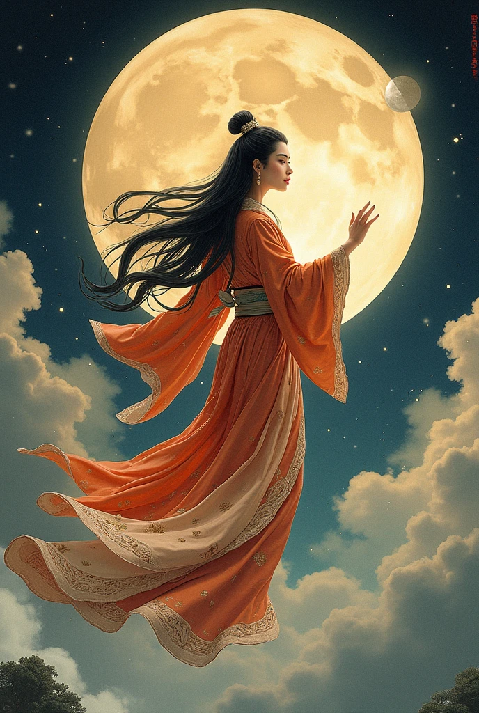 ((best quality)), moon goddess chang'e and a moon behind and ancient Japanese style and flying as if she wanted to reach the moon, One of her hands is raised towards the moon, It must look old, the sleeves of his suit are long , the moon is very far away from her old