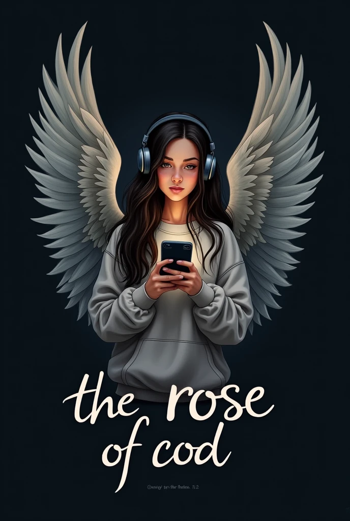 Can you create a logo for me where there is a girl with long black hair, brown eyes and a sweatshirt that has big, long angel wings and headphones playing with her cell phone and below it has the letters  " THE ROSE OF COD" that the letters stand out very subtly and with the black background