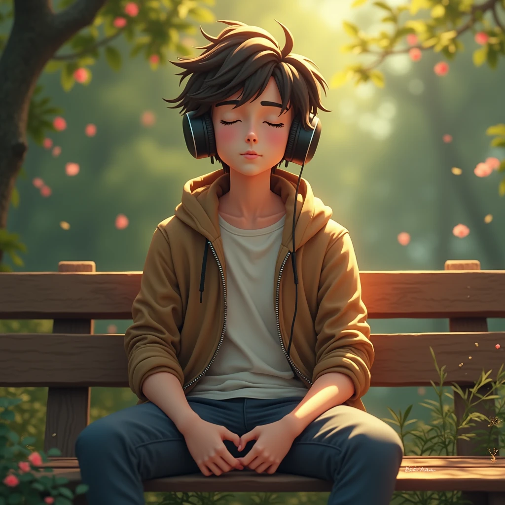 Create a picture for my music channel which I am to set on profile this should be ai image for boy wearing headphones in a relax mode listening music sitting on a bench