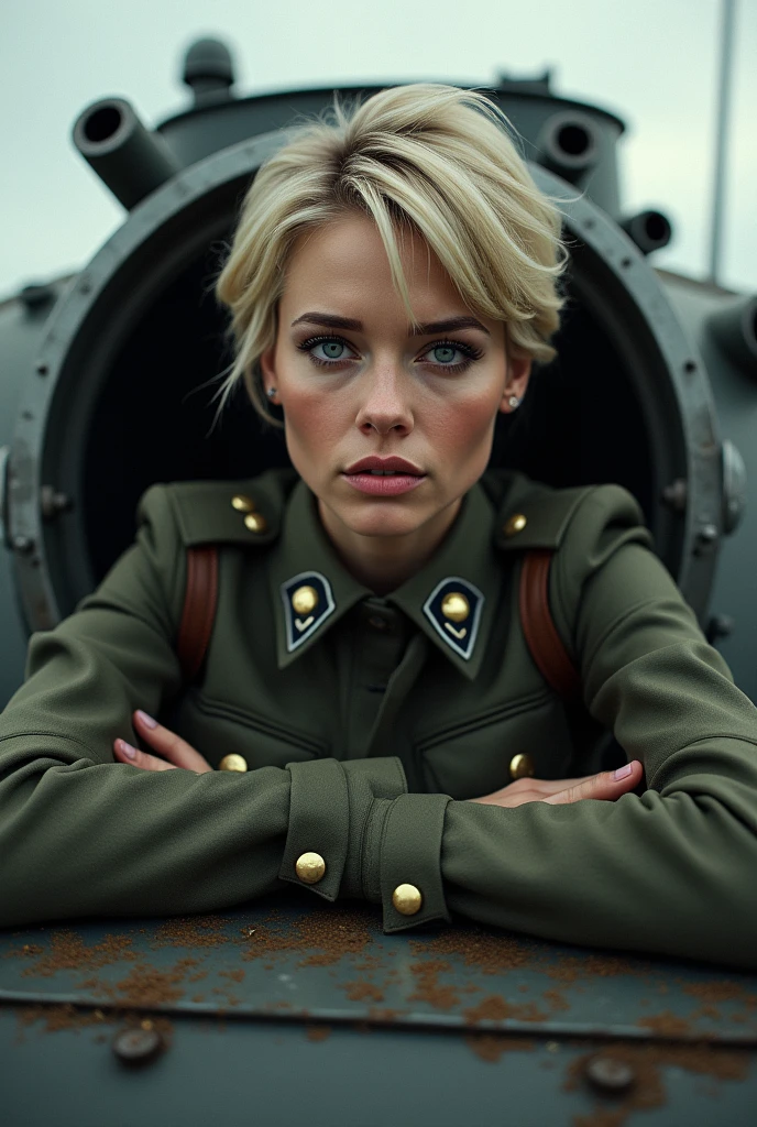 Highest quality, (dramatic lighting:0.7), masterpiece, high angle shot, RAW photo of (pale 21 year old woman with short hair, looking up at the viewer), cute, (wearing Tattered combat fatigues, Disheveled), (sitting inside a tank), portrait, perfect face, alluring eyes, vivid detail, (highly detailed skin), freckles, sfw, (blue tint:0.6), (dirty:0.8), (bloody:0.7), key lighting, (backlighting:0.5), medium depth of field, photographed on a Canon 5D, 50mm lens, F/4 aperture, (hyperdetailed, intricate details), sharp focus, muted colors, 8k, absurdres, 8mm film grain, war photography