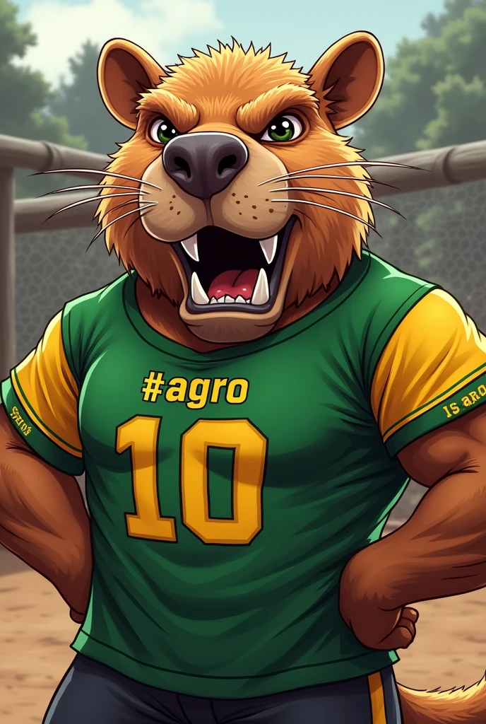 A muscular angry capybara sports mascot wearing a green and yellow t-shirt that says "#AGRO 10" with corral background