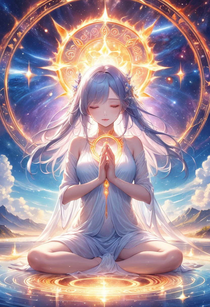 Goddess of immortality with very delicate features, meditate with your legs crossed. Her body is partially covered with a pale cloth. After Her, Golden magic circle spins. A magical aura surrounds her. The scene is full of enchantment and a sense of fantasy. background、There is a galaxy with 4 elements (fire, water, air, Earth) Swirling around it. The images are of the highest quality, 8k resolution, Ultra-detailed and photorealistic visuals on display.