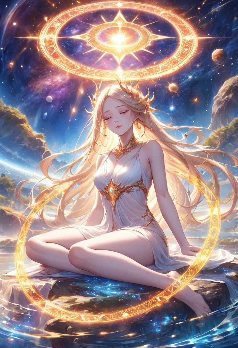Goddess of immortality with very delicate features, meditate with your legs crossed. Her body is partially covered with a pale cloth. After Her, Golden magic circle spins. A magical aura surrounds her. The scene is full of enchantment and a sense of fantasy. background、There is a galaxy with 4 elements (fire, water, air, Earth) Swirling around it. The images are of the highest quality, 8k resolution, Ultra-detailed and photorealistic visuals on display.