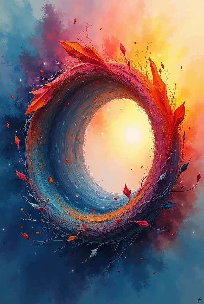 Create a three-dimensional circle. Using the combination of watercolor and mixed media colored pencils. Use vibrant colors. The light source is in the upper right corner.