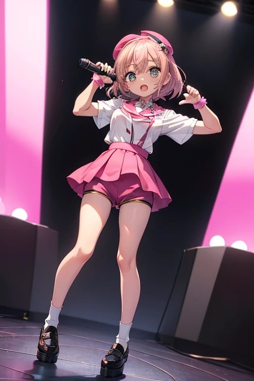 Highest quality、Cute、、、 、(Junior idol、Culottes Shorts:1.4)、Pink double-sided up、Full body portrait