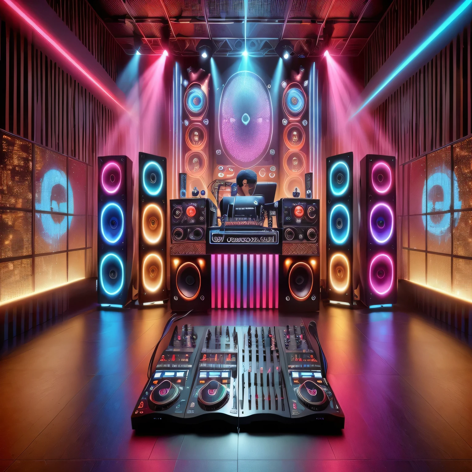arafed room with a DJ equipment and lights on the walls, DJ, style hybrid mix of Besouro, DJ set, equipamentos de áudio, 2015, 2 0 1 5, música eletrônica, Besouro |, Besouro style, in style of Besouro, Besouro masterpiece, Besouro colors