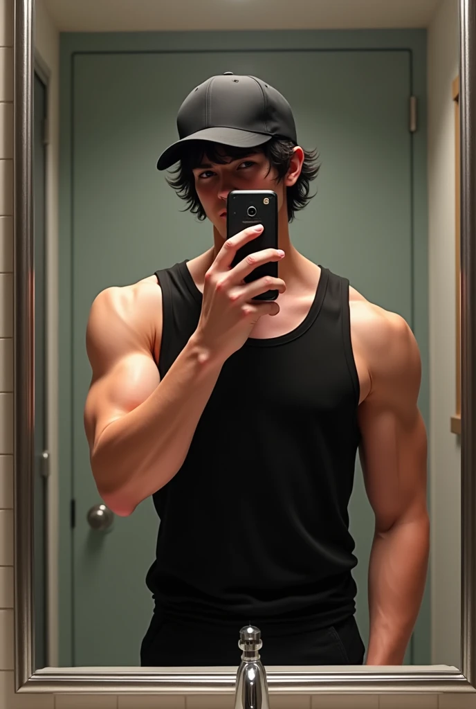 Make a fit teenager posing to take a photo in the bathroom mirror with his cell phone which he is only holding with one hand but his full body does not appear and the cell phone covers his face and is dressed in a black tank top also has black hair and is a little long but not too much and is wearing a cap
