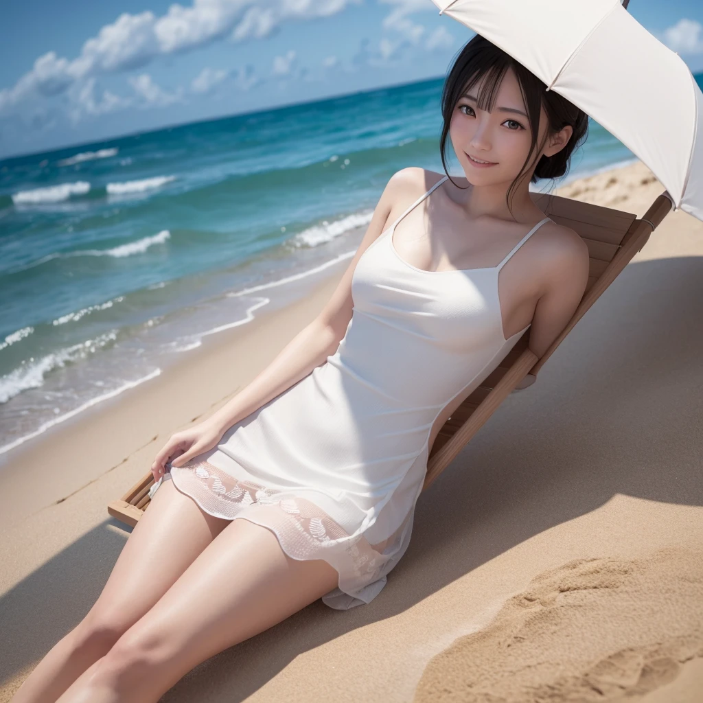 One Japanese sitting in a beach chair under a beach umbrella on a sandy beach、She is wearing a small, stylish, transparent white summer dress.、High resolution, masterpiece, Accurate, Anatomically correct, 最高quality, Attention to detail, High resolutionモデル, 高quality, quality, Very detailed, Textured skin, 超High resolution, Shortcuts, smile, Valletta, 8k octane, 3D Rendering,