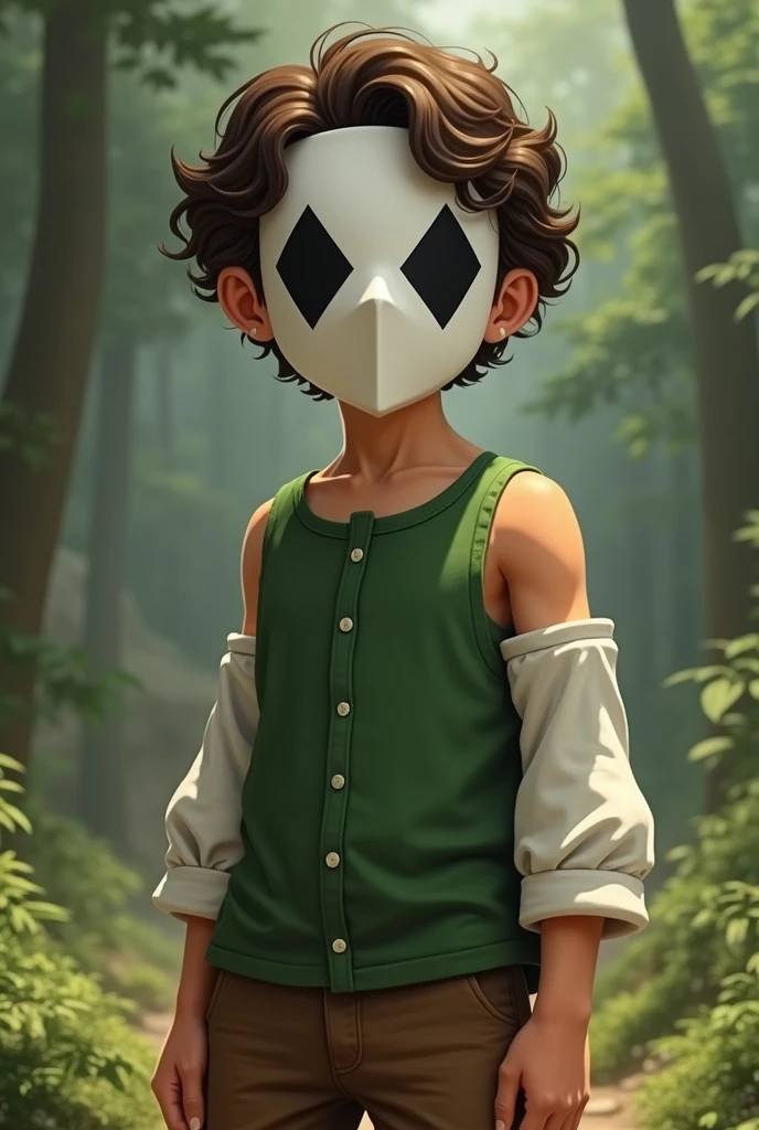 An 1 boy, brown semi curly hair, tan skin, an average height, wearing a white mask that covers the whole face with two black diamonds as eyes on it, a green button up tank top, a long sleeve white shirt, brown pants