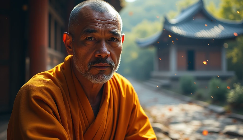 Buddhist monk meditating, looking directly at the camera, not at the center, clear facial features, bright colors, light particles, with bright light, Mushhiv, wallpaper art, UHD wallpapers, vivid atmosphere, near a house ancient village