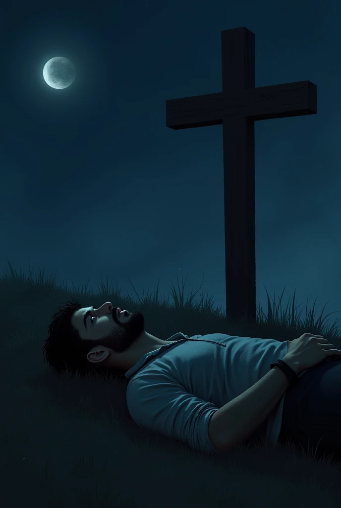 1 man opening his eyes, lying next to a cross at night