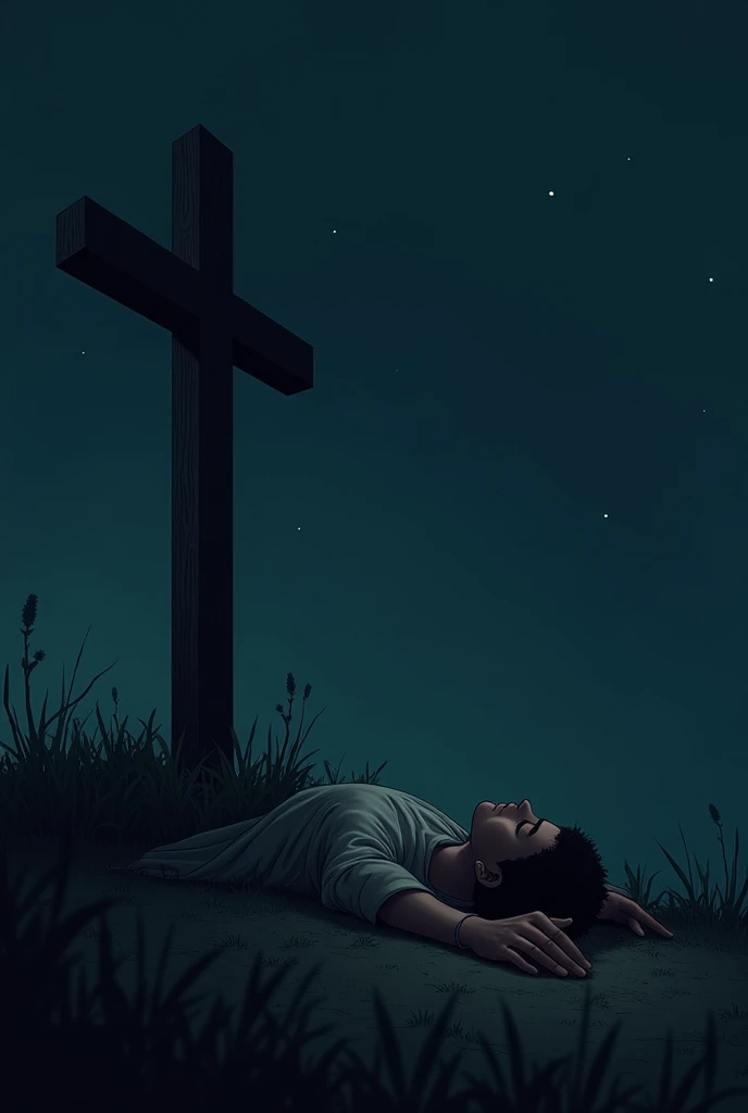 1 man opening his eyes, lying next to a cross at night