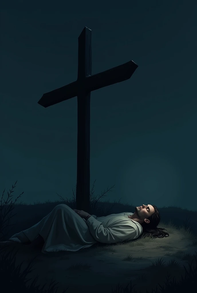1 man opening his eyes, lying next to a cross at night