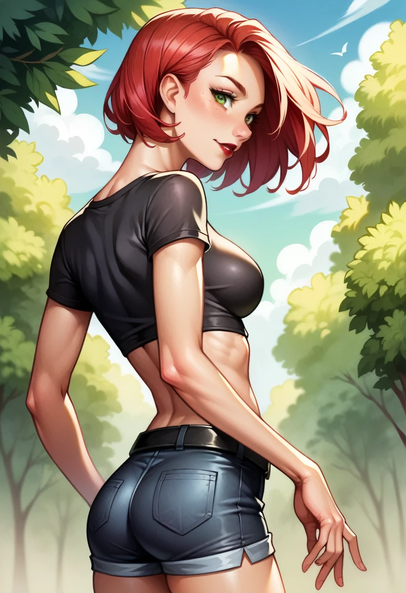 (high-level image quality), (high quality), (high resolution), (detailed), (masterpiece), beautiful woman, ((caucasian)), green eyes, red hair, short hair, dark red lipstick, slender body, perfect eyes, Detailed face, cropped top, black shorts, black belt on the waist, portrait, malicious face, back view, side view
