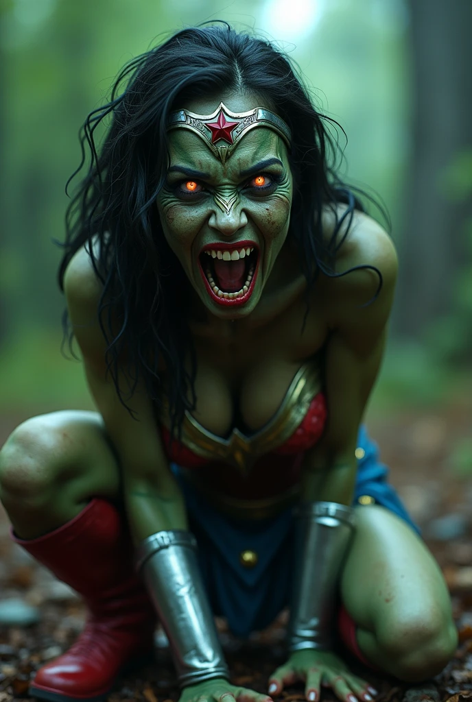 Extreme close-up of a zombie Wonder Woman on her knees screaming. Silver metal diaema with a red star on her forehead. Her face and body are green and completely rotten. Long silver metal bracelets, red boots. (((Zombie eyes))),(((rotten face))),(((The Walking dead))),(((Eating brains))),(((Zombie eyes))),(((cursed cemetery)))