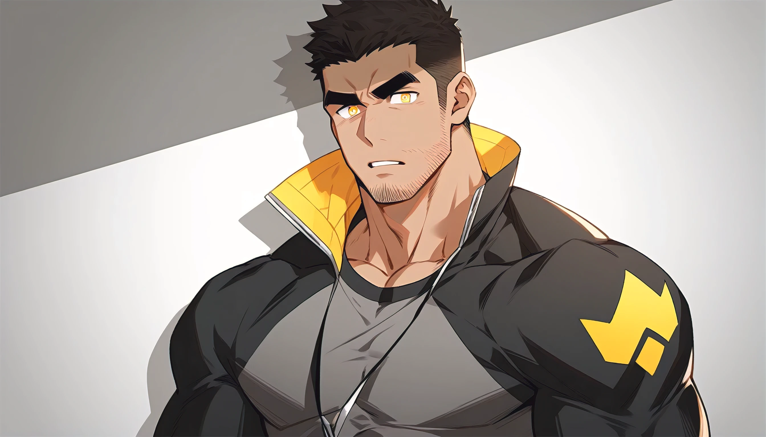 anime characters：Gyee Chris Redfield, Muscle Sports Student, negro black skin, 1 dark skin muscular tough guy, Manliness, male focus, Light yellow high collar long sleeve tight T-shirt, Slightly transparent material, Very tight, Round, full and perky chest muscles, Slightly transparent, muscular male, muscular, only, Upper body, alone, Black short hair, Thick eyebrows, stubble, Yellow eyes, Grey background, simple background, amazing quality, best aesthetics, Ridiculous, bright pupils, crew cut, parted lips, frown, angry, drop shadow, best quality