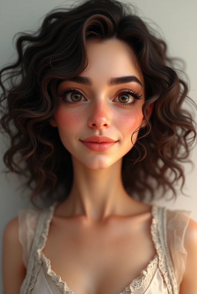Woman, 40 year old, 72kg, 1,67m high, dark brown curly hair, big nose with a lump in the middle, mouth with intermediate sized lips, skin fair, Italian ethnic origin, Syrian and Lebanese, brown dark eyes, rounded face, wrinkle free skin