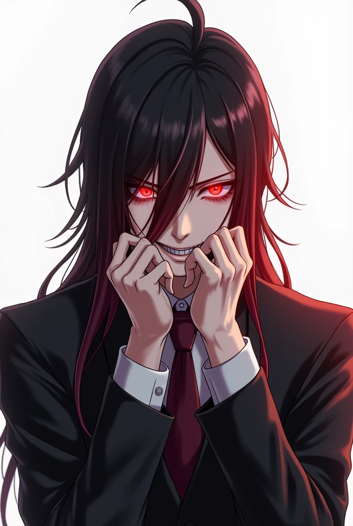 A man in a suit, long hair covering his ears, black hair fading to red, red eyes, white background.,Drawing anime , man ,Hands on mouth, scary smile