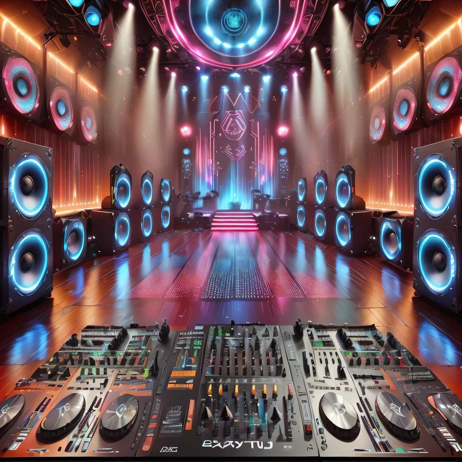 a close-up of a large room with lots of sound equipment, dj, dj mixer, nightclub background, stage in a club, dj set, audio equipment, mixer rendering, elaborate stage effects, best in stock from Adobe, dance hall background, dj rave , hyper detailed mixed man, background art, virtual set, dance floor, futuristic scenery