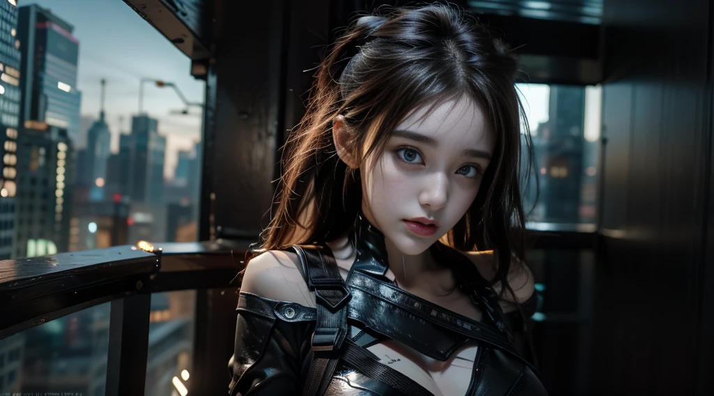 8K,best quality, masterpiece, Ultra-high resolution, (Reality:1.4), RAW photos, (Real skin texture:1.3), (Film Grain:1.3), (Selfie Angle),1 Girl,Beautiful and detailed eyes and face,Off-shoulder,Large Breasts,Postmodern Bodysuit,masterpiece, best quality,close up,Upper body shot, standing on top of the building,Cyberpunk Style Modern Metropolis,night,individual