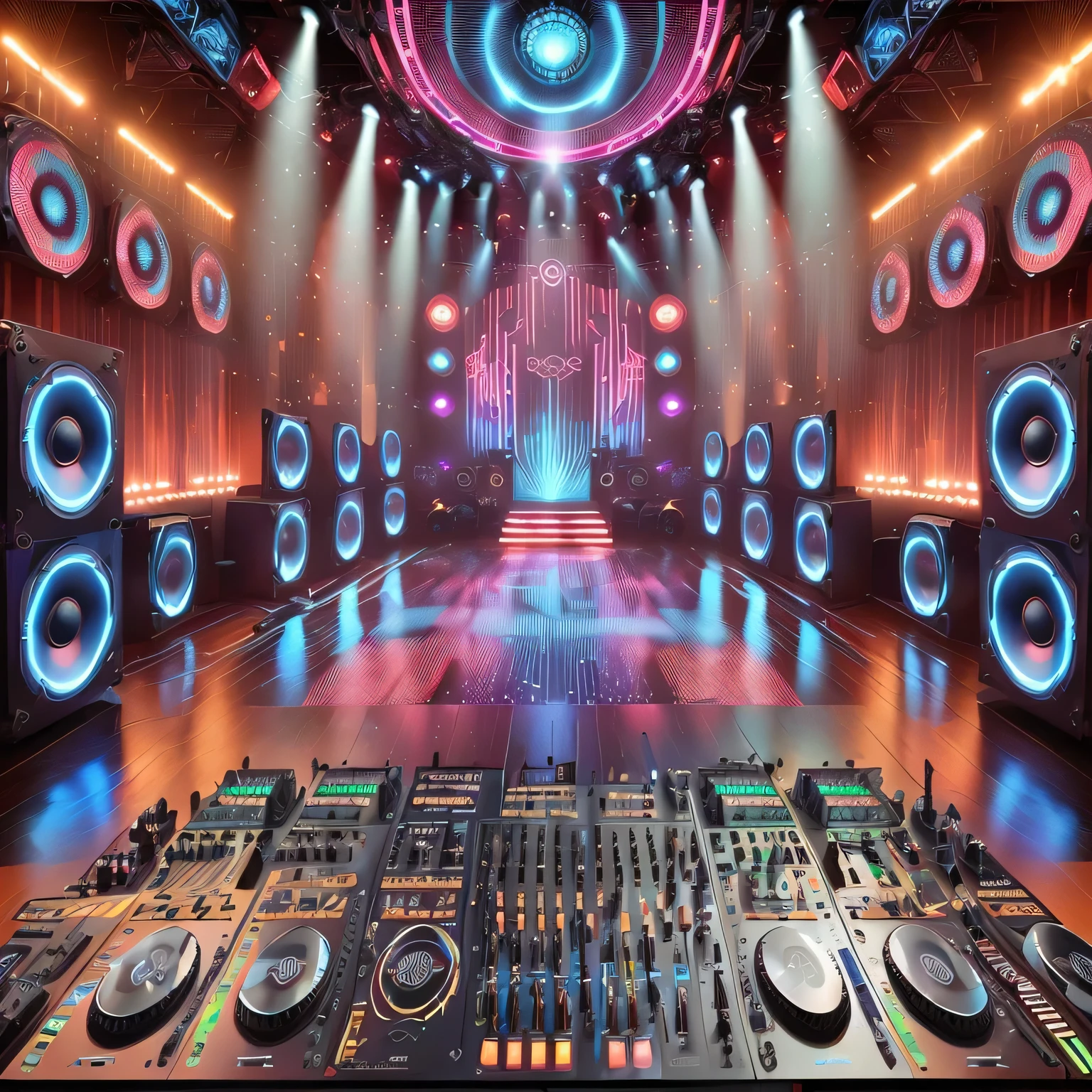 a close-up of a large room with lots of sound equipment, dj, dj mixer, nightclub background, stage in a club, dj set, audio equipment, mixer rendering, elaborate stage effects, best in stock from Adobe, dance hall background, dj rave , hyper detailed mixed man, background art, virtual set, dance floor, futuristic scenery