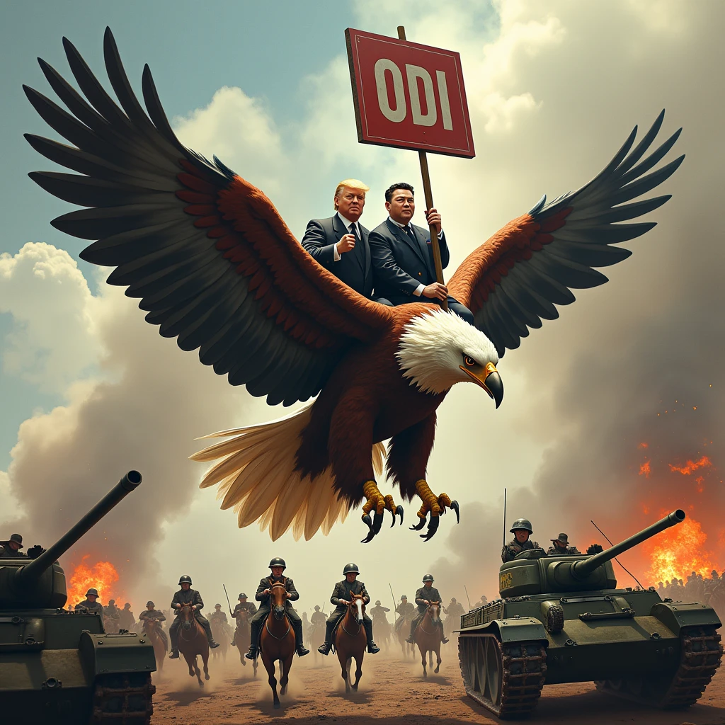 Donald Trump, Princess Diana and Kim Jong Un riding on an eagle holding a sign that says ODI in capital letters, in the middle of a battle of the first world war, with soldiers, horses and tanks, blood and explosions 