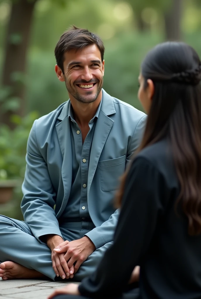 Realistic close up scene of a single 40 year old man, Without beard, white black short haired caucasian, barefoot western, standing, wearing a light blue suit, pants and a doctor or monk style jacket Spiritual, with a relaxed attitude and a slight smile. Without beard. In a spiritual environment, interacting with a white western woman with long black hair, what is medium, wearing black clothes. The man is next to the woman and the woman is sitting.