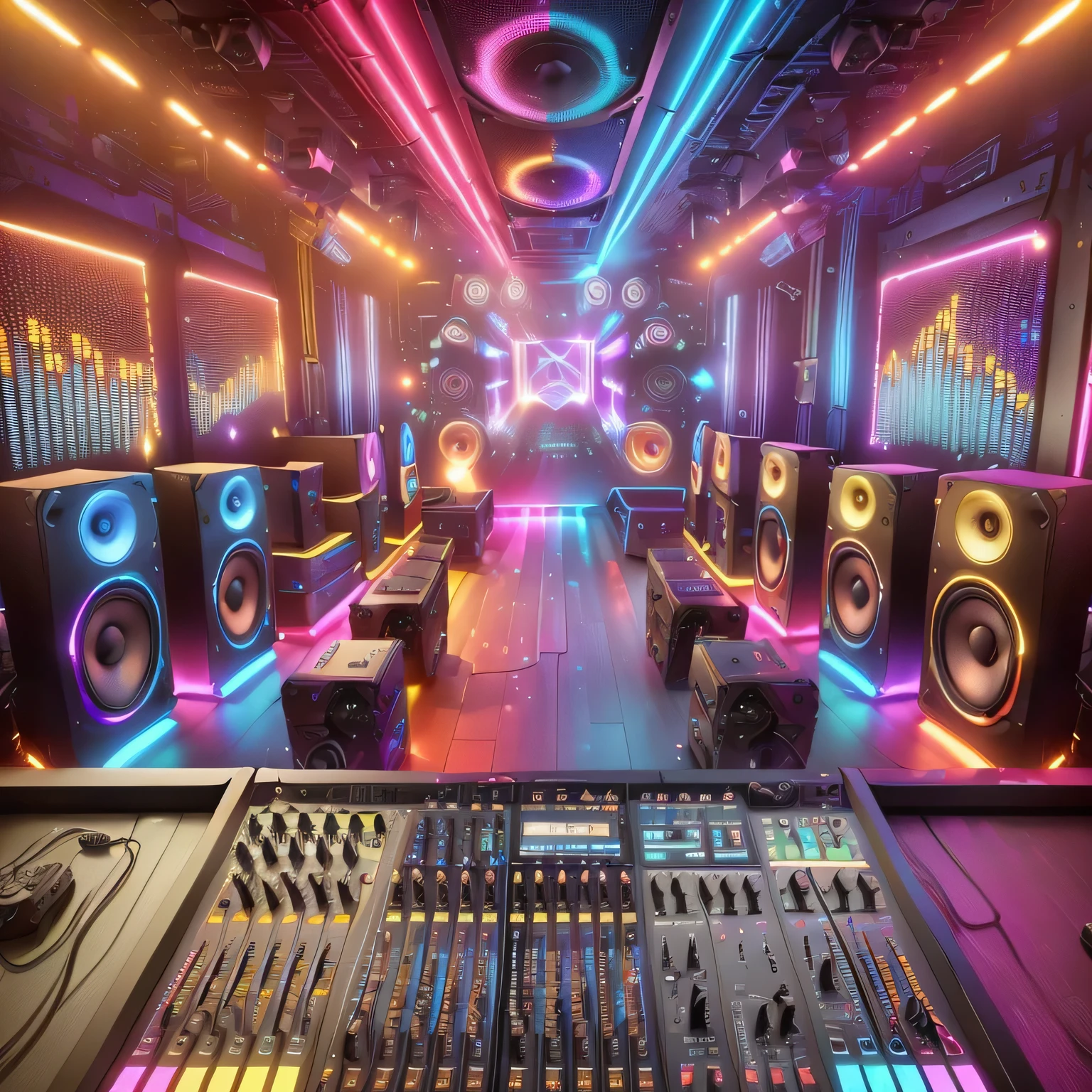 a close-up of a soundboard with speakers and lots of lights, best in stock from Adobe, dj, urban music studio, nightclub background, stage in a club, audio equipment, Mixing, futuristic scenery, beeple-style hybrid mix, colorful vivid octane rendering, professional studio, elaborate stage effects, background art, Hyper-realistic lighting studio, studio photo