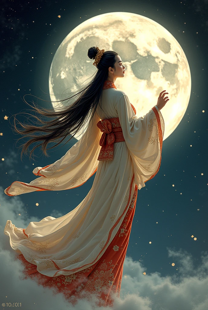 ((best quality)), moon goddess chang'e and a moon behind and ancient Japanese style and flying as if she wanted to reach the moon, One of her hands is raised towards the moon, It must look old, the sleeves of his suit are long , the moon is very far away from her old