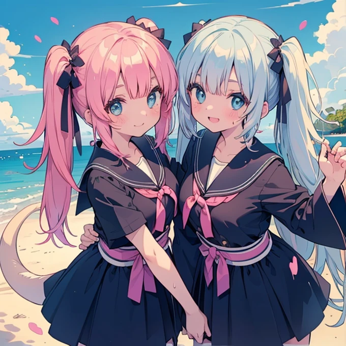 (Best image quality, 8k, masterpiece:1.3), (high school student:1.5), Small breasts), (Glowing Skin:1.3),(Pale skin:1.2),(Sweatをかいた肌:1.2),(smile),Unax, Removable sleeves, kimono, sash, Hakama skirt, break ((Underarmを見せてください)),(Crystal Tree), (flying debris), (Highest quality), Very detailed, Focus Only，dynamic，((smile))，Perfect Face, Beauty funny face, Very detailedな顔，Swimwear，
delicate、masterpiece、Highest quality、2 peopleの、2 peopleだけ、2 people、Embrace each other、(((cute、Pink Hair、Long Hair、Twin tails，distinct eyes、haveは無し)))、(((cute、Silver Hair、Side Tail、High ponytail on the left、have)))、Flat Color、2 peopleとも正面を向いている、Sparkling eyes sketch(flying debris), (Highest quality), Very detailed, ((1 person)), Focus Only，dynamic，((smile))，Perfect Face, Beautiful Face, Very detailedな顔，Swimwear，Idle only，Gorgeous hair ornament,smile，Large Breasts，Sandy Beach，Underarm、Sweat、Wide-angle shot, Raise your arms
、masterpiece、Highest quality、2 peopleの、2 peopleだけ、2 people、Embrace each other、