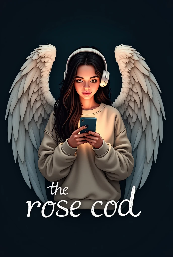Create a logo where there is a girl with long black hair, brown eyes and a sweatshirt that has big, long angel wings and headphones., and below have the letters " THE ROSE OF COD " that the letters stand out very subtly and with a dark background