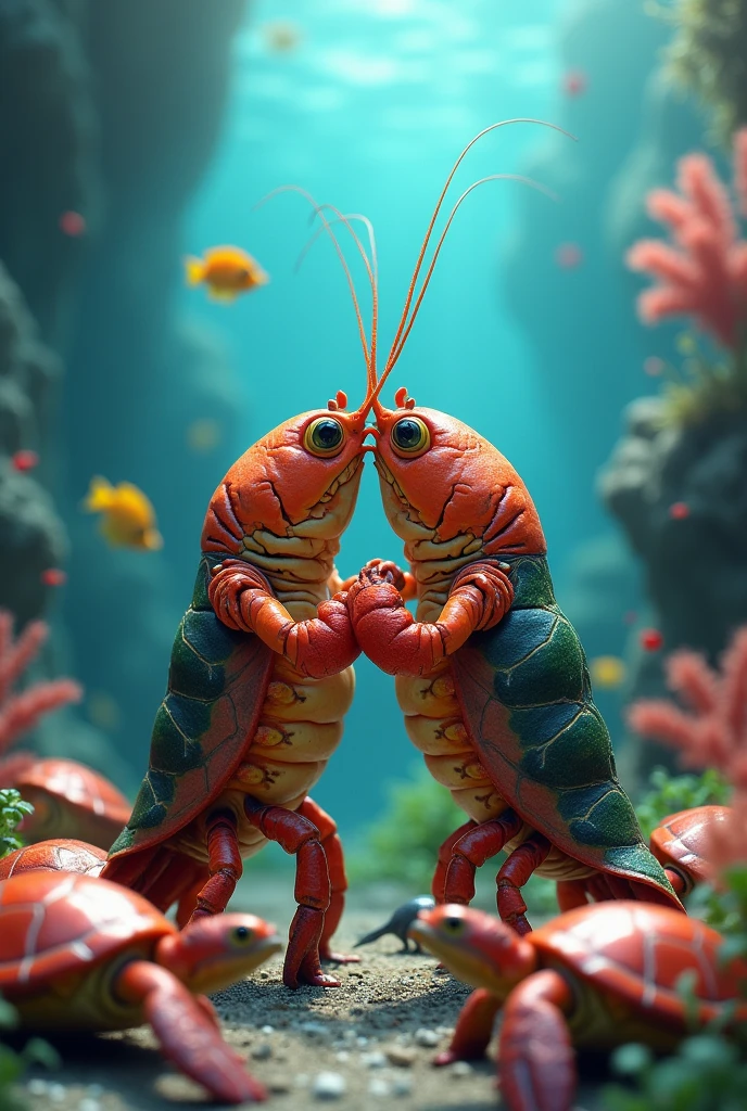 Lobsters and turtles are really in love with each other. Rocky and watery background