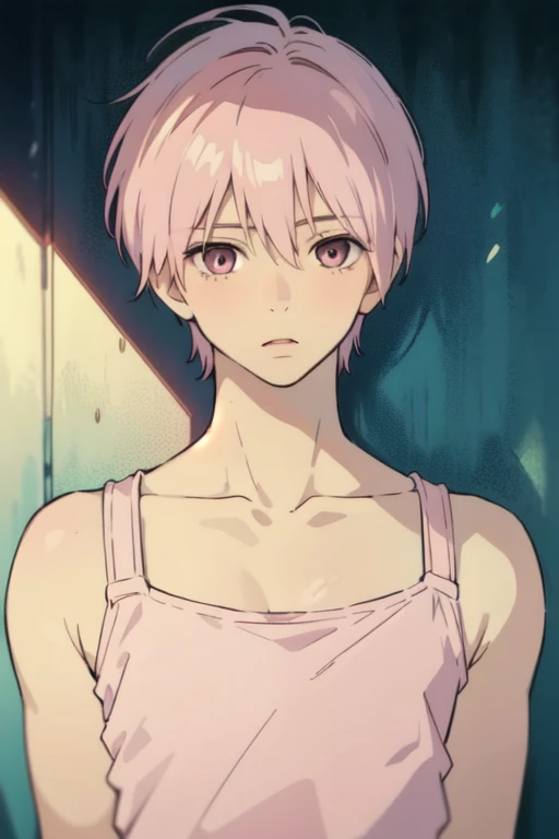 masterpiece, best quality, , 1boy, solo, male focus, looking at viewer, upper body, depth of field, pastel pink short hair, pastel pink innocent eyes, pale skin, tank top, manwha style, anime style 