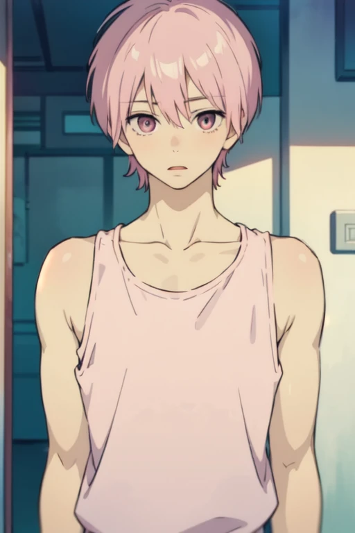 masterpiece, best quality, , 1boy, solo, male focus, looking at viewer, upper body, depth of field, pastel pink short hair, pastel pink innocent eyes, pale skin, tank top, manwha style, anime style 