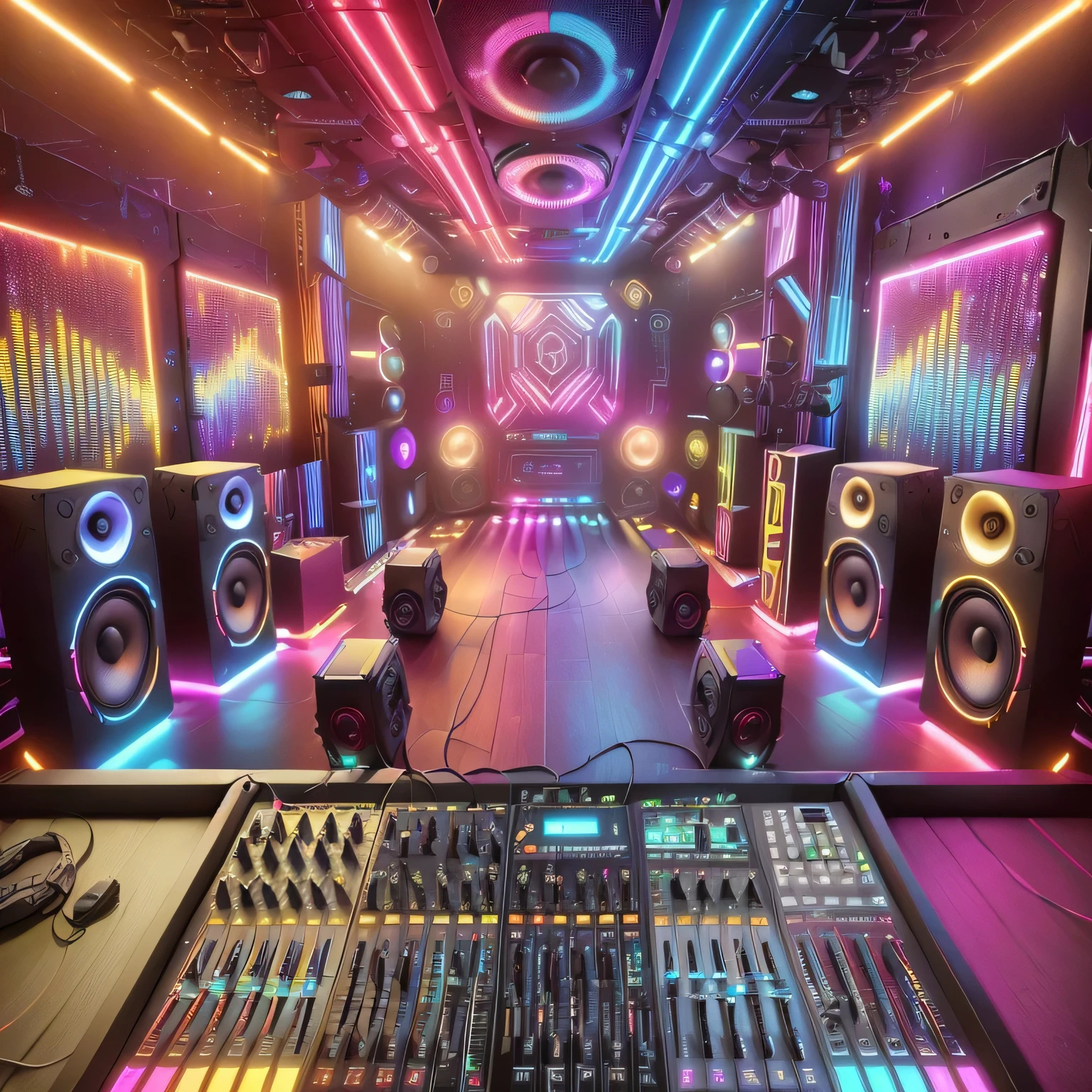 a close-up of a soundboard with speakers and lots of lights, best in stock from Adobe, dj, urban music studio, nightclub background, stage in a club, audio equipment, Mixing, futuristic scenery, beeple-style hybrid mix, colorful vivid octane rendering, professional studio, elaborate stage effects, background art, Hyper-realistic lighting studio, studio photo