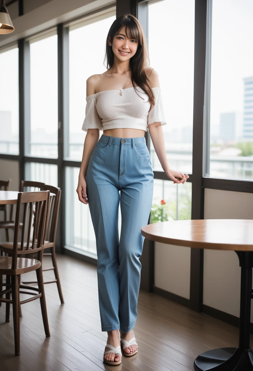 score_9, score_8_up, score_7_up, BREAK rating_explicit,(photo-realistic:1.2),(professional photo), realistic photo,subsurface scattering, volumetric lighting, light from the front, BREAK 1 female,22years old,kawaii,((Japanese)),Japanese idol face,black long straight hair,realistic skin texture,solo,kawaii, perfect body, BREAK (wearing pastel off shoulder top), BREAK (light brown long wide pants,sandals),(pale skin),(slender body),large hip, (blushing),day,bluesky,cafe,(standing),(hot coffee & 1 cake on the table),from head to knee shot,visible shadow of erect nipples,smile, Big Breast,