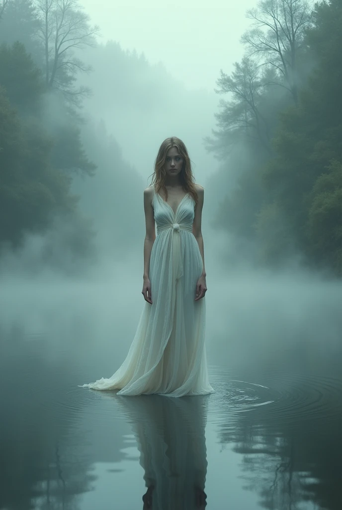 There is a woman standing in the water in a white dress., Standing in a lake, unnerving mist, ethereal beauty, mysterious woman, Beautiful and mysterious, emerging from the mist, nymph in the water, Woman in a dark forest, , mist, naked against the storm, mysterious moors behind her, standing beside the water