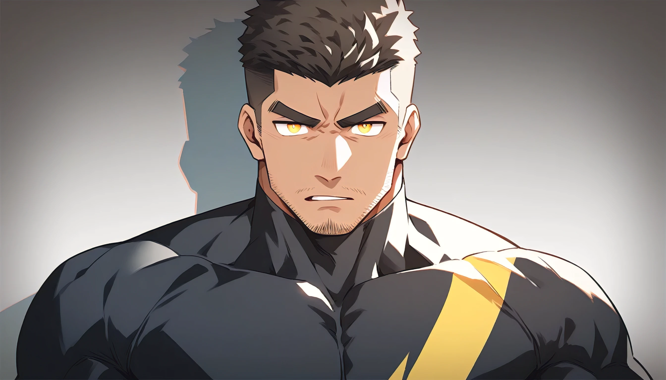 anime characters:Gyee Chris Redfield, Muscle Sports Student, negro black skin, 1 dark skin muscular tough guy, Manliness, male focus, Light yellow high collar long sleeve tight T-shirt, Slightly transparent material, Very tight, Round, full and perky chest muscles, Slightly transparent, muscular male, muscular, only, Upper body, alone, Black short hair, Thick eyebrows, stubble, Yellow eyes, Grey background, simple background, amazing quality, best aesthetics, Ridiculous, bright pupils, crew cut, parted lips, frown, angry, drop shadow, best quality