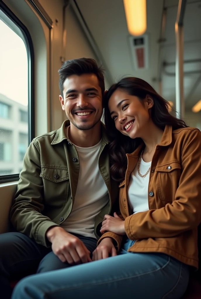 Me and my boyfriend sit in train we smile
He is white Brazilian
I'm asian
More human look
Wearing jacket and I relly on him