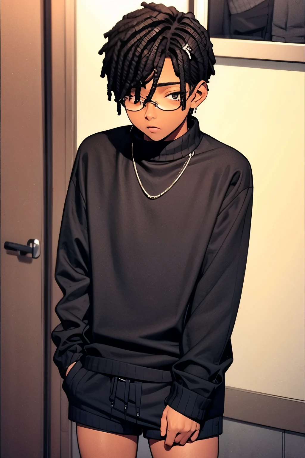 Black boy, sweater, shorts,
