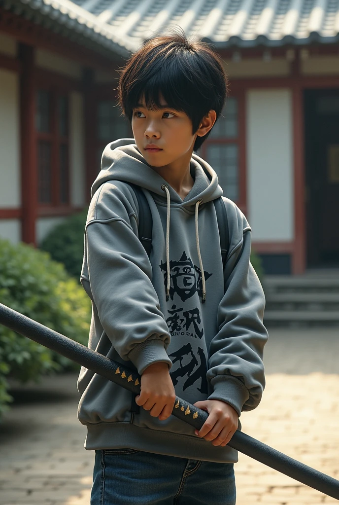 a young samurai in a sweatshirt and jeans , holding a katana