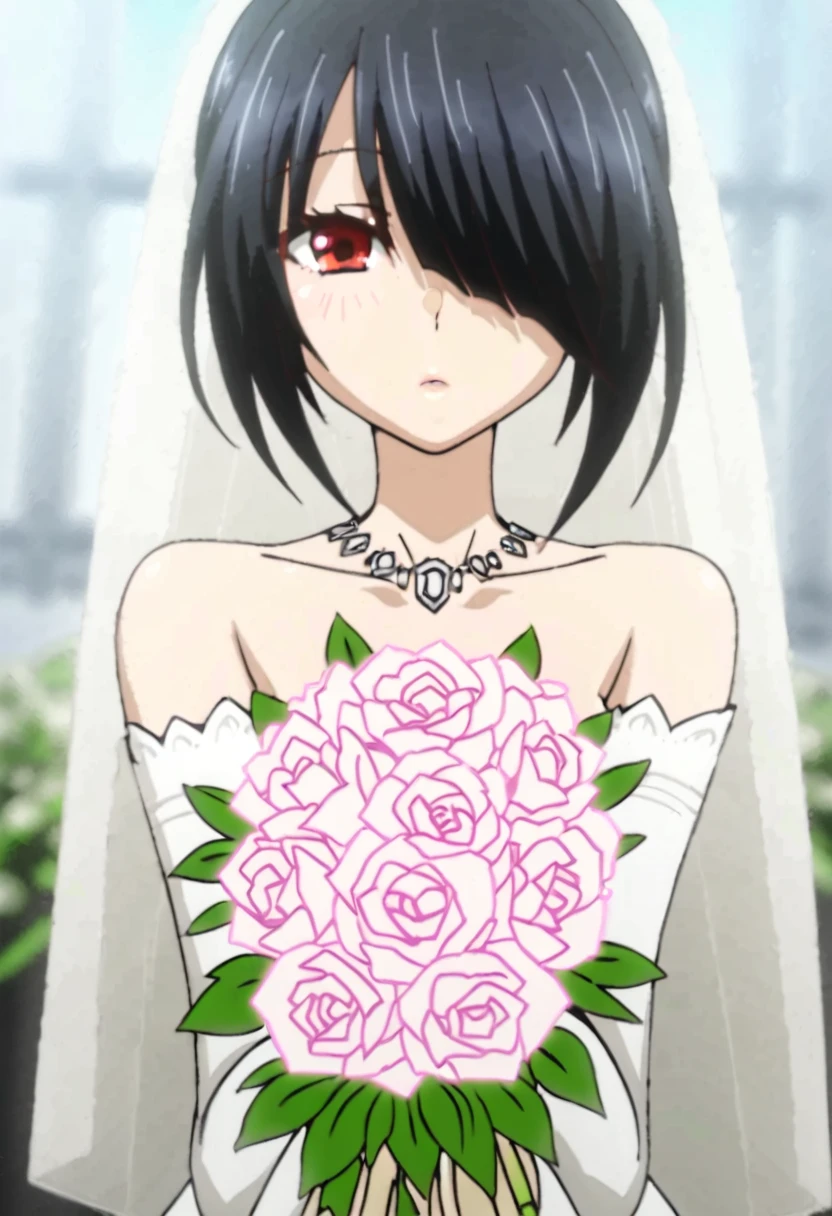 tokisaki kurumi,(((Best quality))),((Ultra-detailed)),((illustration)),((Disheveled hair)),((frilld)),(1 girl),(Solo),
1girl, black hair, blurry background, bouquet, dress, flower, hair over one eye, photo \(medium\), pink rose, red eyes, rose, wedding dress, white flower, blurry, blurry foreground, depth of field, motion blur,
