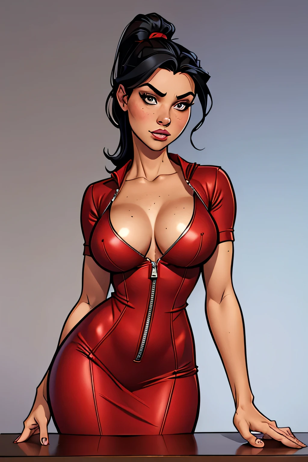 Thin woman (Elexis Sinclaire), age 25, 4K (High definition), series, seducing gaze, eyes browns, wearing red dress (with side zipper, shortsleeves, V neckline), arms positioned at the side of the body, pele caucasiana, Bblack hair (up to the shoulders), standing (inclined trunk, hands on a table in front of you), full of curves with freckles on her chest and neck, natural round breasts. High-quality Marvel style, white background.