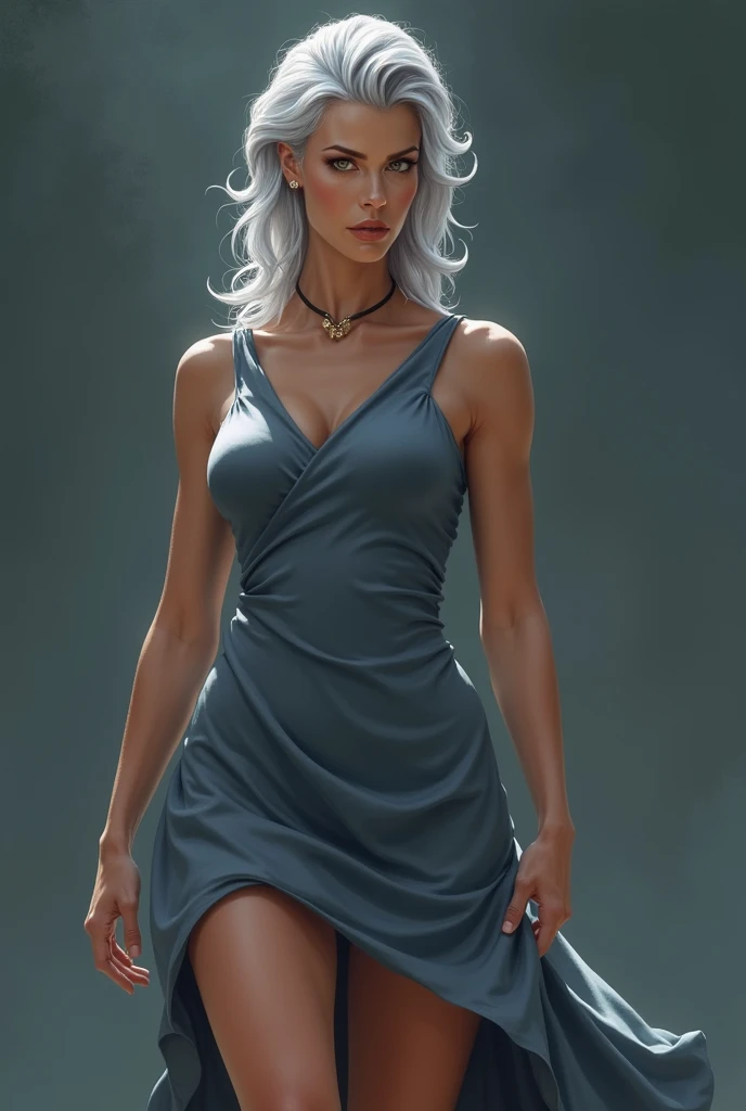 Tall woman, standing tall, fit body, grey blue dress with arms and sides of legs exposed, really short hair, silver hair, flared out hairstyle, mature woman, sly smile, half-open eyes, chin up, looking down at POV, dominant