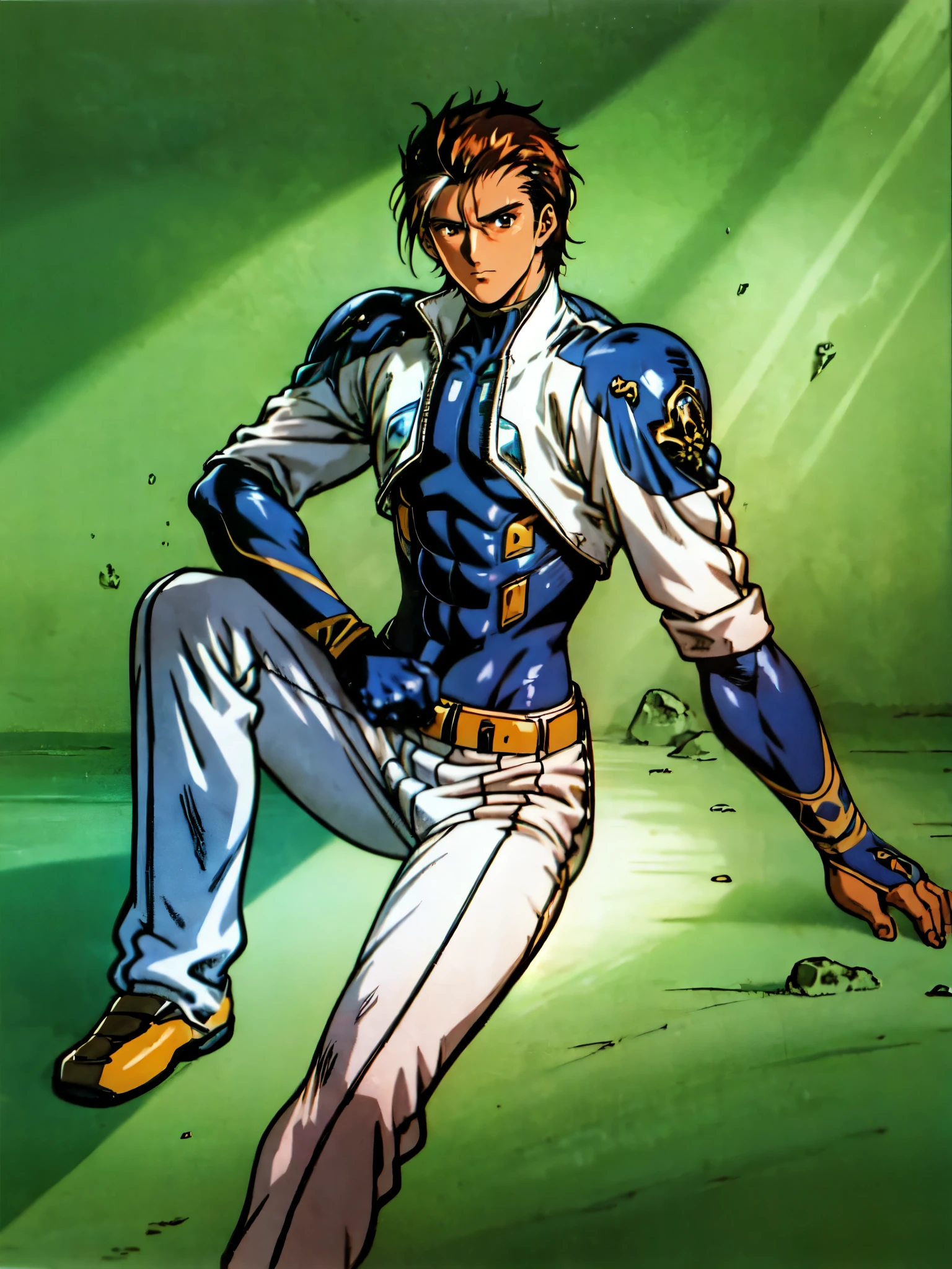 (masterpiece:1.2, best quality:1.2, extremely delicate:1.2), ((male:1.5)), a mature man with short slightly curly brown hair, a well-defined face, intense eyes, a thoughtful expression, brown skin, tall and athletic build, a futuristic fantasy-style blue and black short-sleeved tight-fitting wetsuit, matching trousers, wrist guards, he sits leisurely on a seaside rock, this character embodies a finely crafted futuristic fantasy-style swimmer in anime style, exquisite and mature manga art style, dramatic, high definition, highres, ultra-detailed, ultra-fine painting, professional, perfect body proportions, golden ratio, anatomically correct, symmetrical face, extremely detailed eyes and face, high quality eyes, creativity, RAW photo, UHD, 32k, Natural light, cinematic lighting, (masterpiece-anatomy-perfect:1.2)