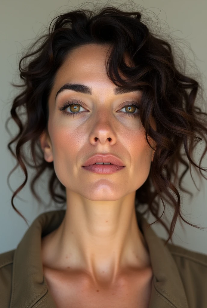 Woman, 40 year old, 72kg, 1,67m high, dark brown curly hair, large nose, mouth with intermediate sized lips, skin fair, Italian ethnic origin, Syrian and Lebanese, brown dark eyes, rounded face